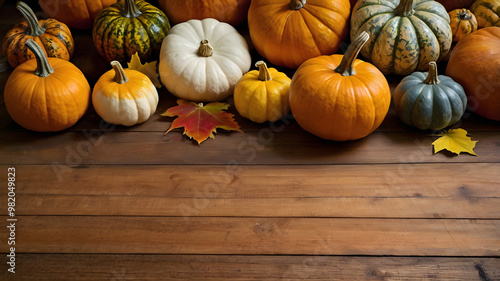 A colorful display of pumpkins and Autumn leaves, space for text