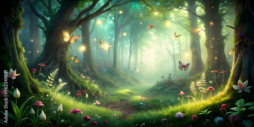 Enchanting forest clearing with magical creatures and pixie dust, magical, forest, clearing, enchanting, creatures photo