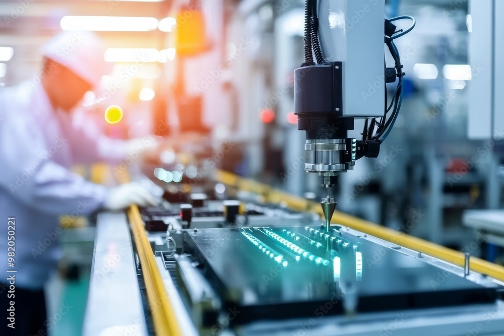 Workers Install Electronic Sensors On A Production Line. The Sensors Are Used To Monitor And Control Machine Operations Workers Install Electronic Sensors On A Production Line. The Sensors Are Used To Monitor And Control Machine Operations