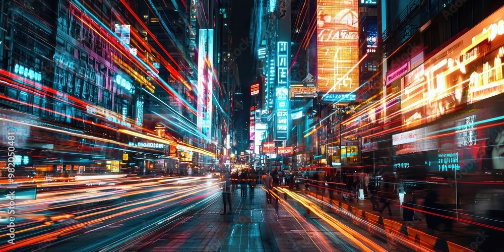A nighttime city scene lit up by glowing 3D street signs and billboards, with lights that jump off the surface.