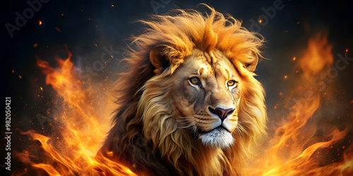 Majestic lion with vibrant flames emanating from its mane , fiery, powerful, wild, fierce, predator, fiery mane, roaring