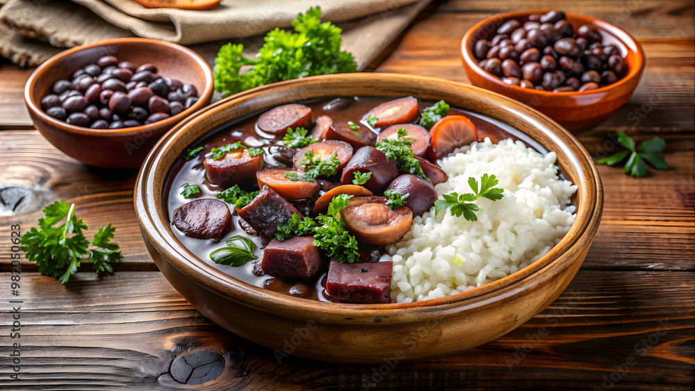 Traditional Brazilian feijoada dish with black beans, pork, sausage, and rice, Brazilian, traditional, feijoada, dish, black beans Traditional Brazilian feijoada dish with black beans, pork, sausage, and rice, Brazilian, traditional, feijoada, dish, black beans