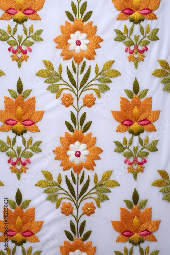 Ethnic floral embroidered tull patterns, white petals and leaves. photo