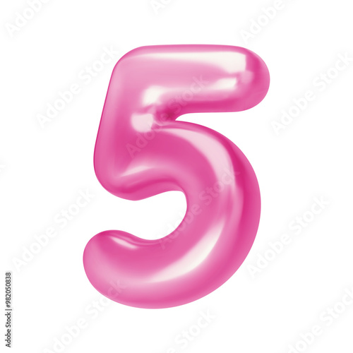 Number pink 5. Foil and chrome balloon number five in 3d style. Realistic design elements isolated on white background. Vector illustration