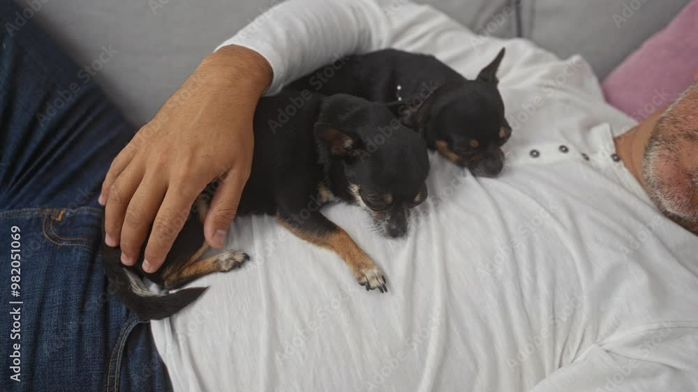 Middle-aged hispanic man sleeping on a couch in a living room with two chihuahua dogs lying on his chest. Middle-aged hispanic man sleeping on a couch in a living room with two chihuahua dogs lying on his chest.