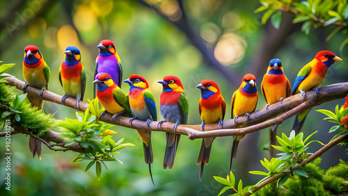 Colorful birds perched on a gir in a natural setting, birds, gir, perched, colorful, wildlife, nature, feathers, habitat, branch