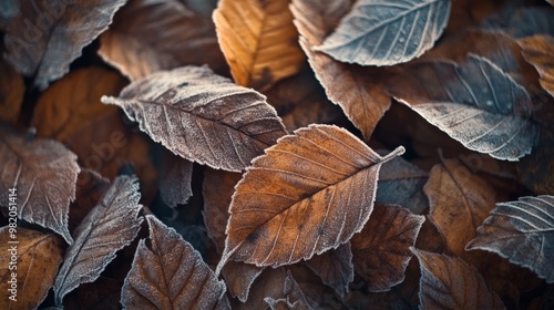 Frosted autumn leaves in close-up. Leaf texture with frost. Cinematic pan.