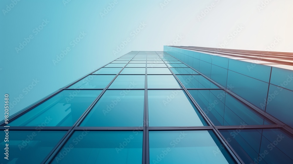 Low Angle View of Modern Skyscraper with Reflective Glass Windows Against Clear Sky, Urban Architecture Concept Low Angle View of Modern Skyscraper with Reflective Glass Windows Against Clear Sky, Urban Architecture Concept