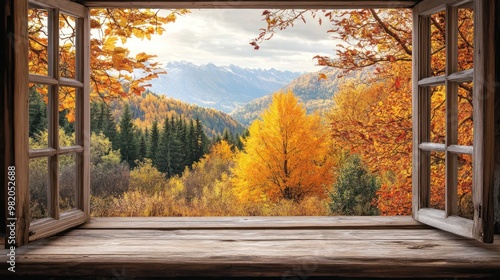 A picturesque autumn landscape viewed through an open window, showcasing vibrant foliage. photo