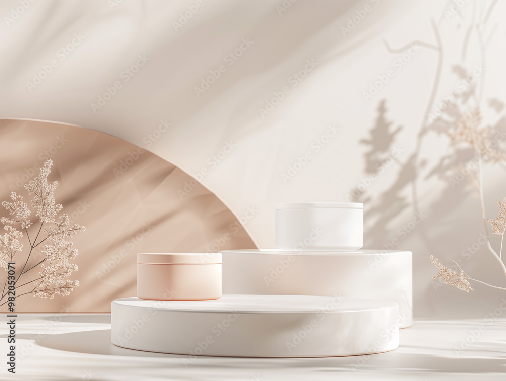 A minimalist composition featuring cosmetic jars on a soft, neutral background with dried pampas grass. perfect for promoting skincare products, beauty brands, A minimalist composition featuring cosmetic jars on a soft, neutral background with dried pampas grass. perfect for promoting skincare products, beauty brands,