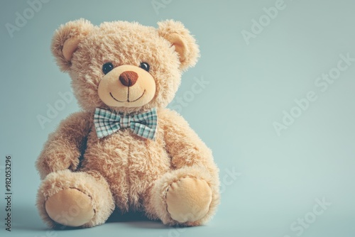 A happy teddy bear with a bow tie sitting cheerfully against a soft blue background, perfect for children’s decor and gifts