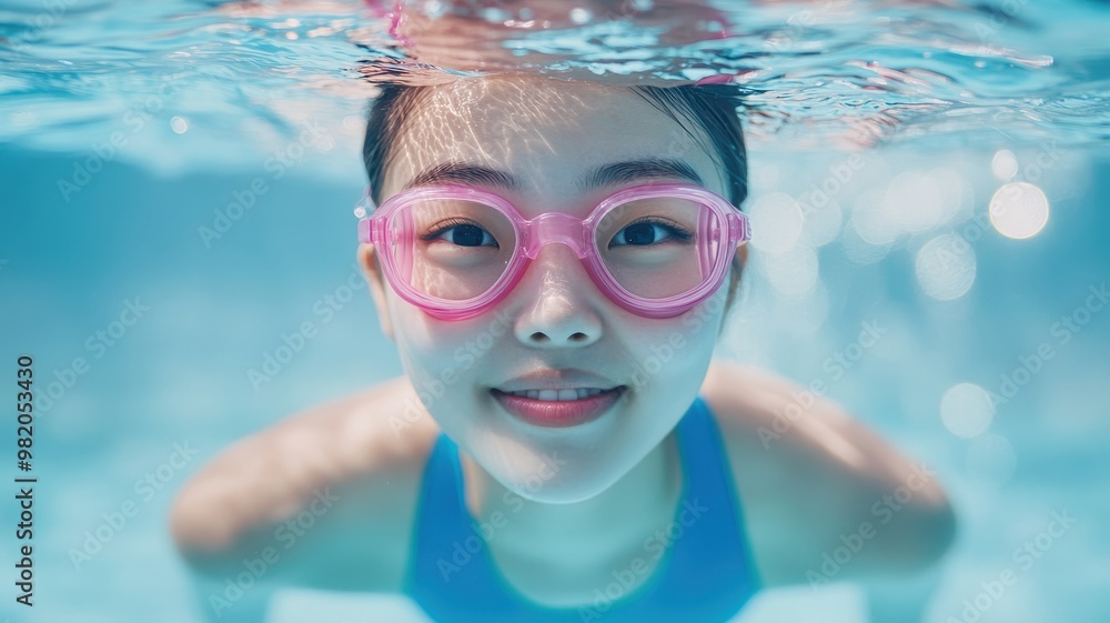 Naklejka premium Beautiful young asian woman swimmer underwater in swimming pool with eyes open,looking at the camera, wearing pink goggles,fashion concept,vacation trip,Summer and holiday concept,Copy space.