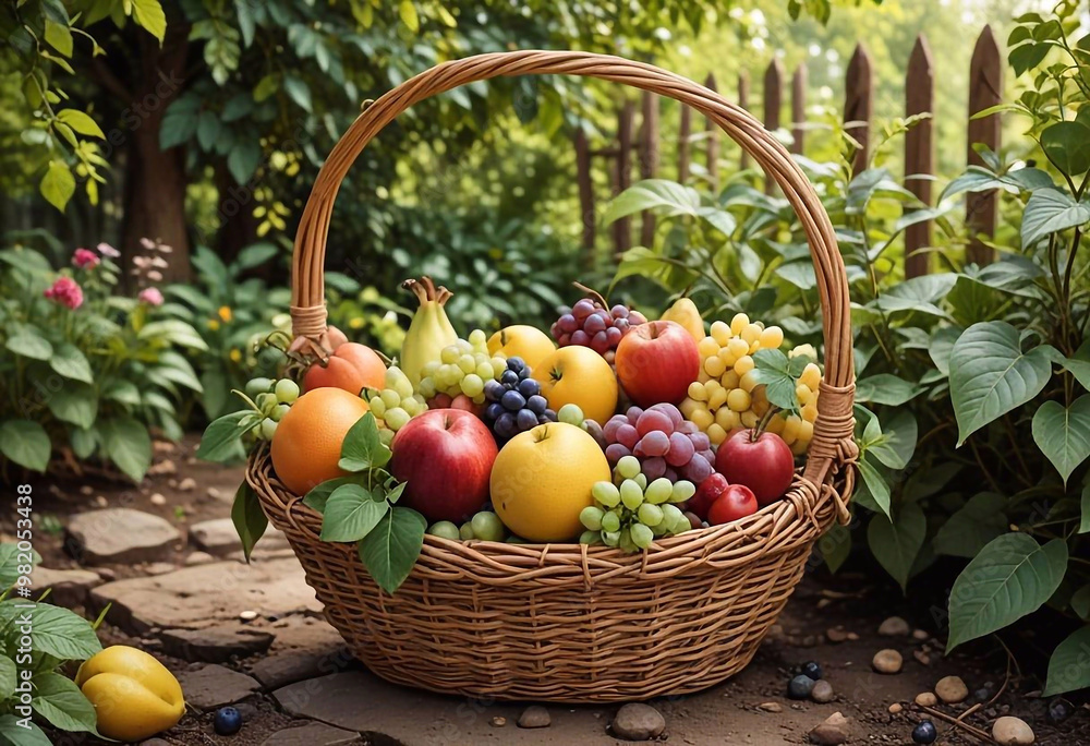 Basket in the garden filled with fruits, apples, grapes, pear Basket in the garden filled with fruits, apples, grapes, pear