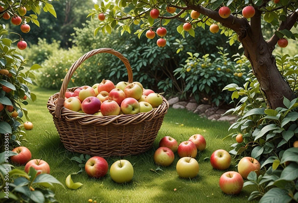 A basket in the garden filled with juicy apples A basket in the garden filled with juicy apples