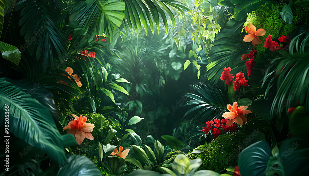 A lush jungle scene with vibrant green leaves and exotic flowers, bringing the warmth of the tropics to your screen A lush jungle scene with vibrant green leaves and exotic flowers, bringing the warmth of the tropics to your screen