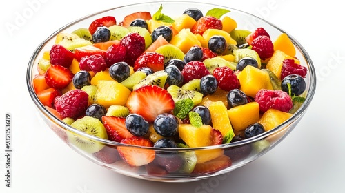 A clear bowl filled with a colorful mix of fresh fruit salad.