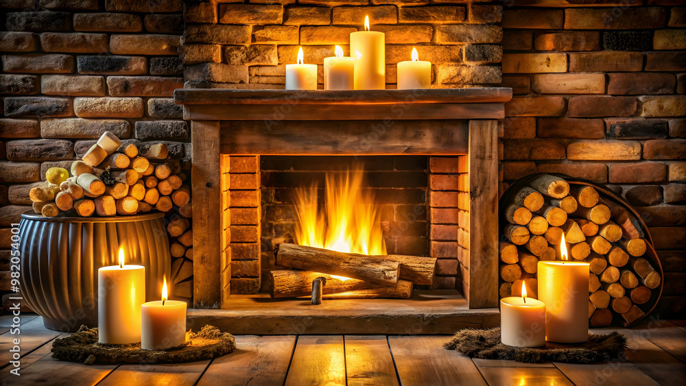 Cozy fireplace with burning candles and firewood creating warm ambiance , ambiance, cozy, fire, flames, warmth, interior Cozy fireplace with burning candles and firewood creating warm ambiance , ambiance, cozy, fire, flames, warmth, interior