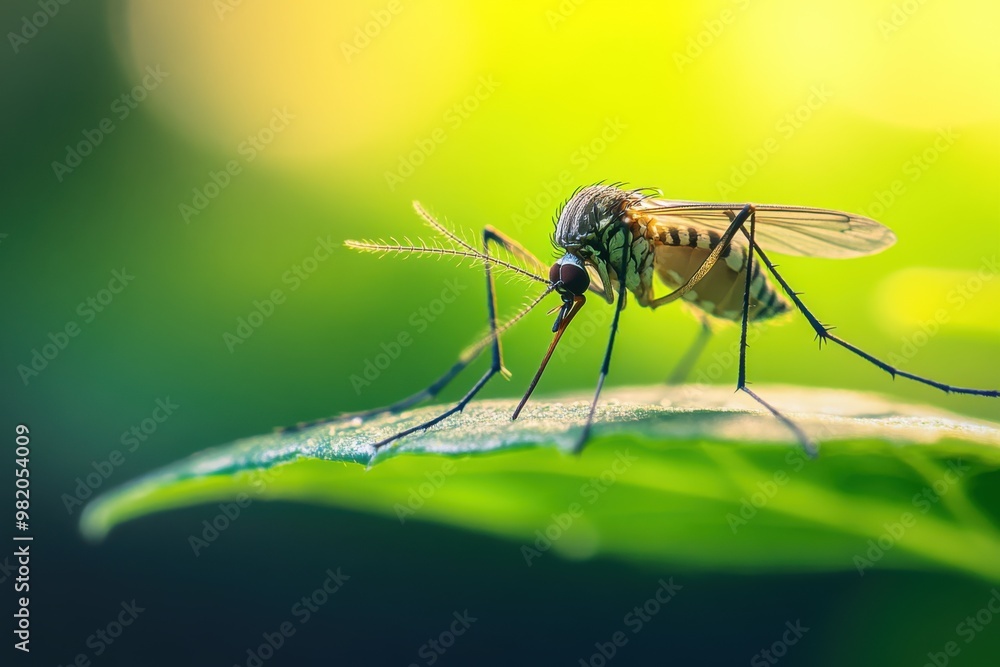 A slender mosquito resting on a green plant leaf in a serene natural setting during the daytime A slender mosquito resting on a green plant leaf in a serene natural setting during the daytime