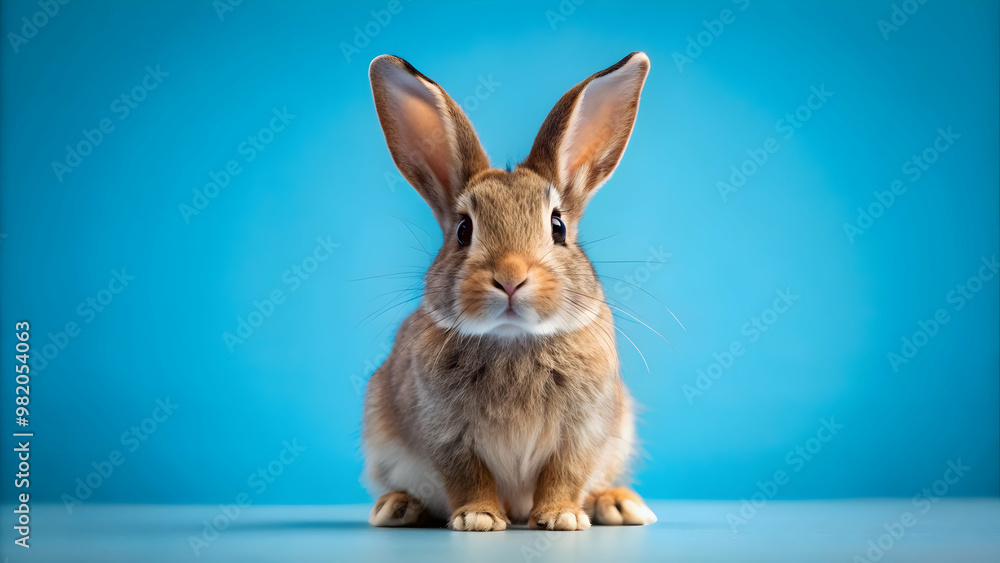 Fototapeta premium Rabbit on a blue background with ample copy space, rabbit, blue, background, copy space, cute, fluffy, animal, isolated