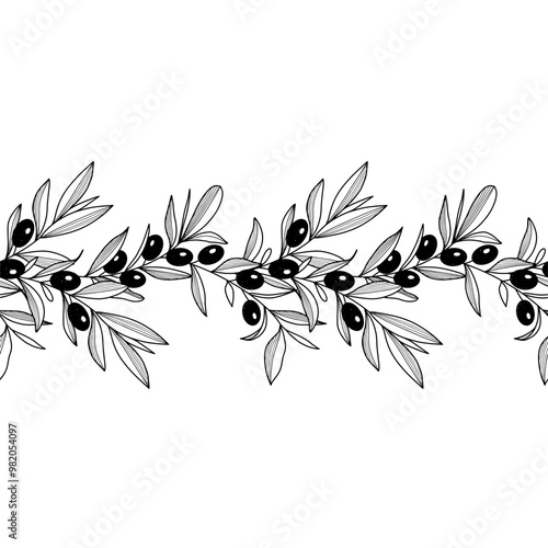 Seamless border with ripe olive berries, olive branches. Vector illustration