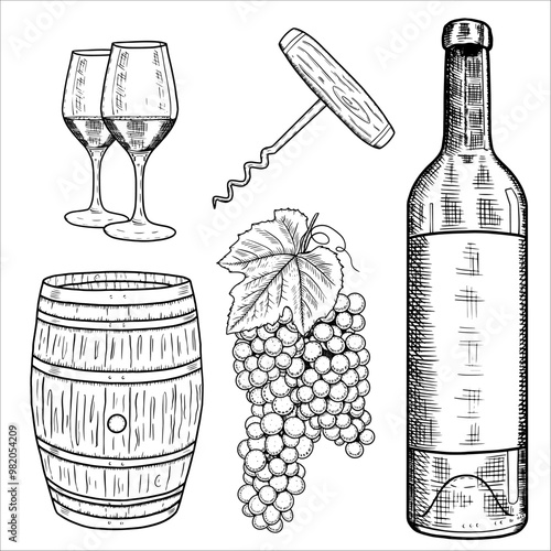 Set with a bottle of wine, glasses, grapes, corkscrew, barrel. Vector illustration