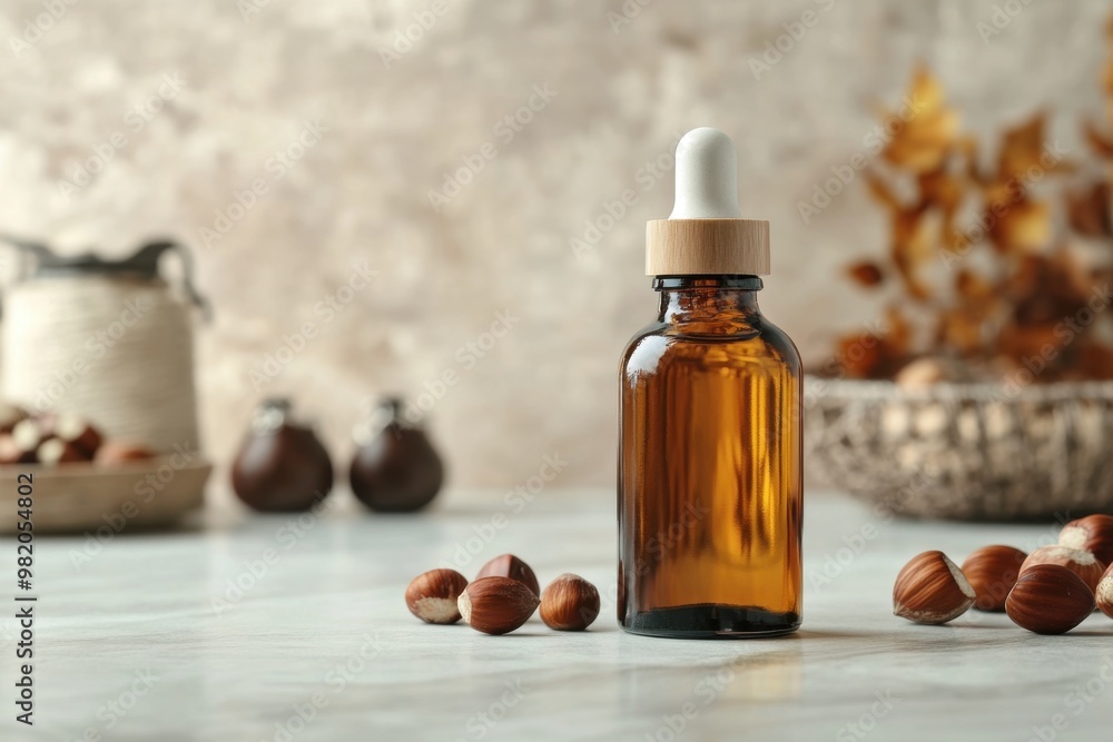 Sleek modern bottle of hazelnut oil with nuts on a marble countertop in a rustic kitchen setting Sleek modern bottle of hazelnut oil with nuts on a marble countertop in a rustic kitchen setting