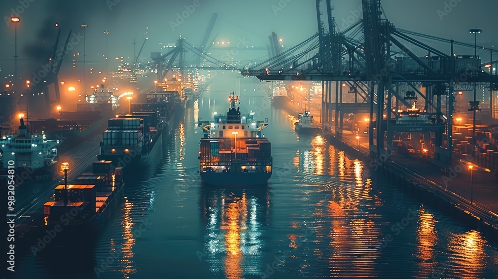 Fototapeta premium Intelligent data detection of shipping port, dark tone, very scientific and technological. Generative AI.