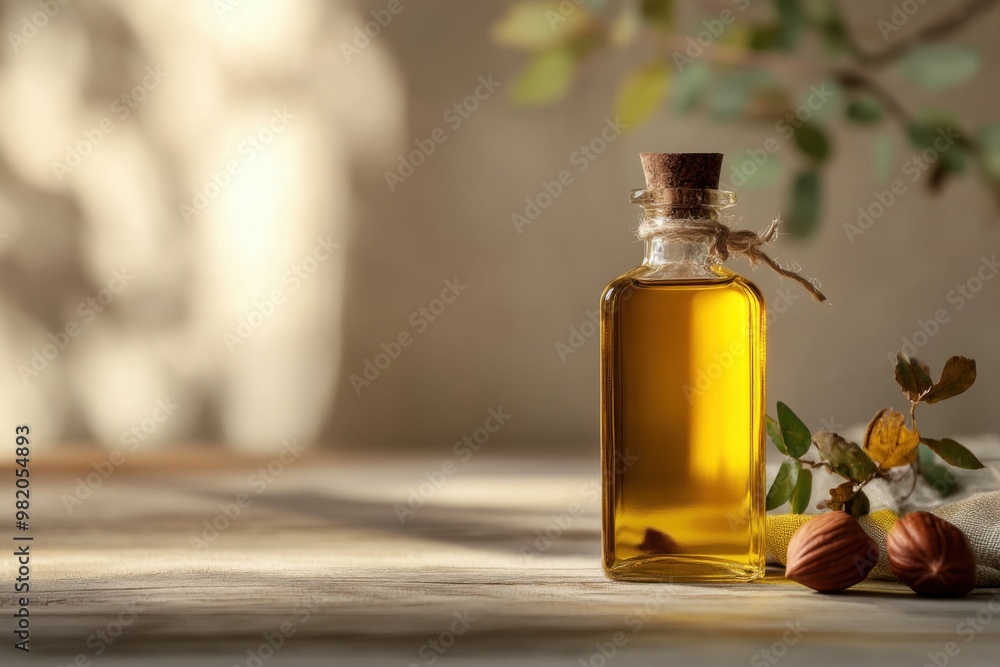 A sleek modern bottle of hazelnut oil on a rustic table with hazelnuts and leaves under soft natural lighting A sleek modern bottle of hazelnut oil on a rustic table with hazelnuts and leaves under soft natural lighting