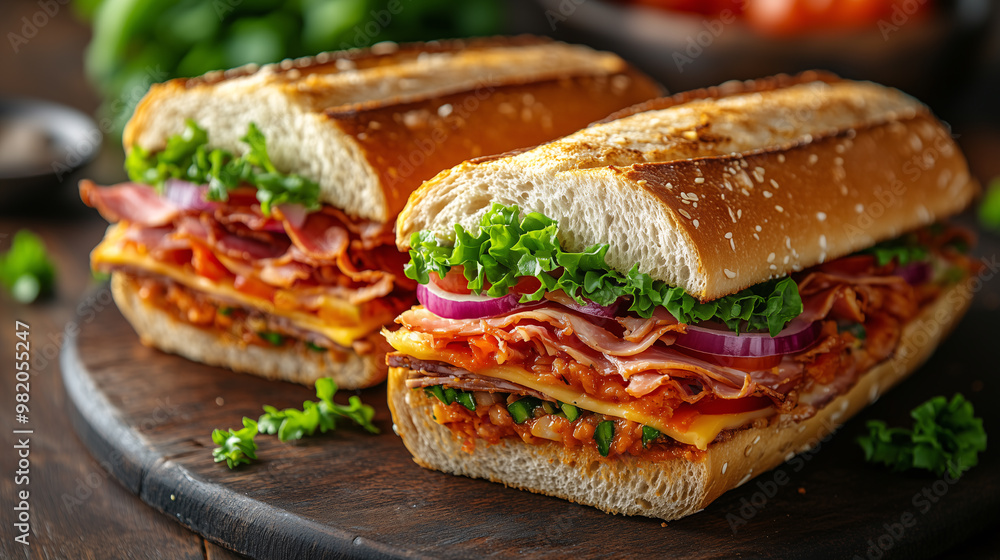 A hearty sandwich loaded with various meats, cheeses, and vegetables, cut in half 