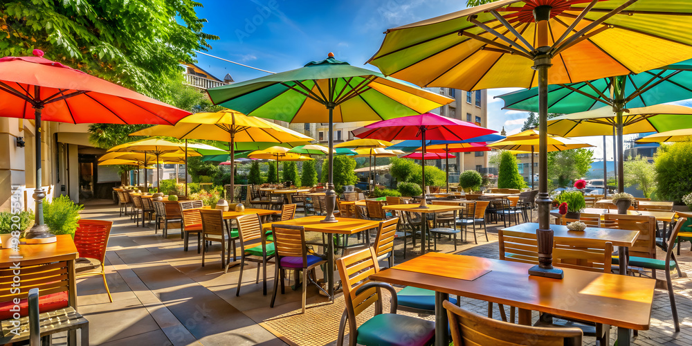 Fototapeta premium Outdoor restaurant with colorful umbrellas on a sunny day, al fresco dining