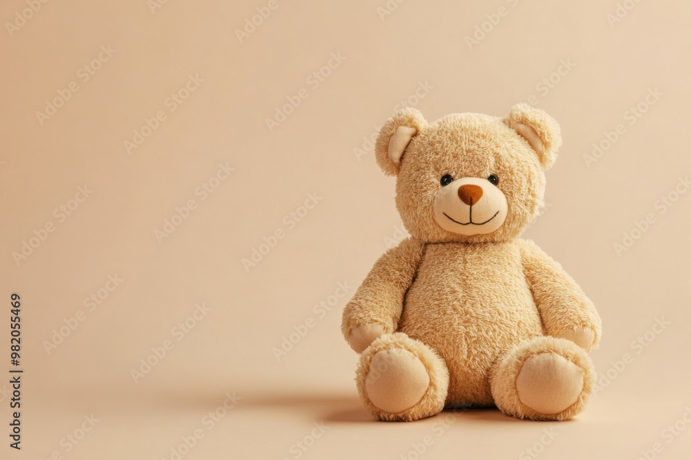 A soft smiling teddy bear sitting upright against a simple beige background, perfect for comfort and companionship A soft smiling teddy bear sitting upright against a simple beige background, perfect for comfort and companionship