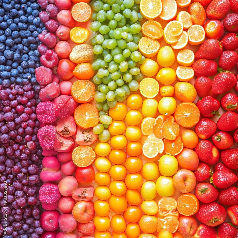 Seamless Row of Fresh Fruits and Vegetables Arranged in a Colorful Rainbow Pattern, Top View