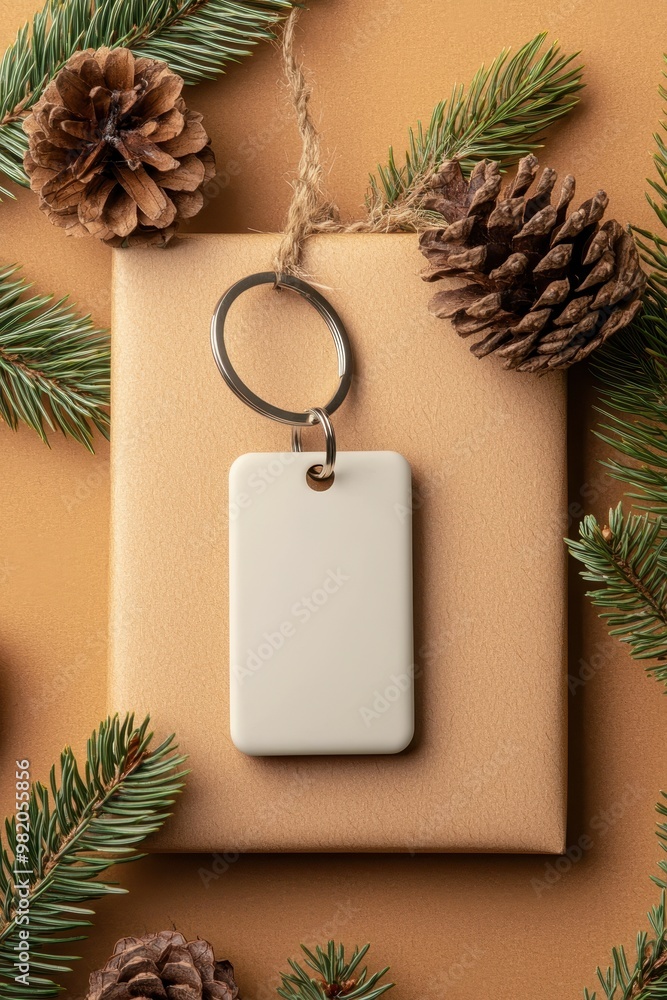 Fototapeta premium A gift box adorned with a blank tag, surrounded by pine cones and festive greenery, perfect for holiday decoration.
