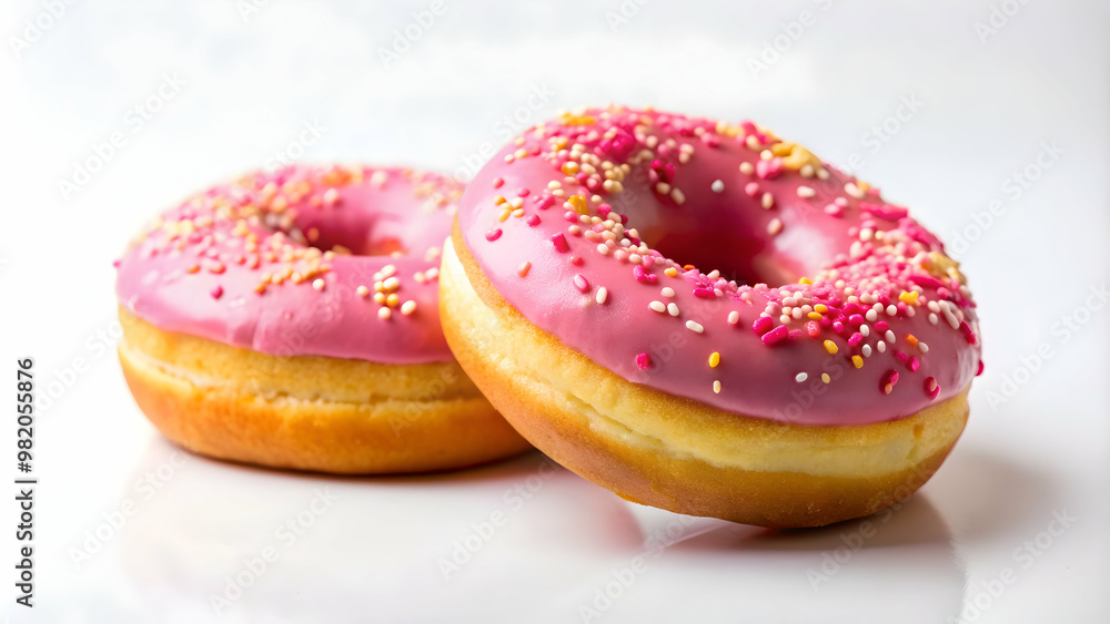 Two delicious donuts with pink frosting on a white background, donut, pink, frosting, sweet, dessert, bakery, snack, tasty Two delicious donuts with pink frosting on a white background, donut, pink, frosting, sweet, dessert, bakery, snack, tasty