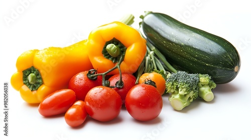 Fresh vegetables like bell peppers, zucchini, tomatoes and broccoli on a white background.
