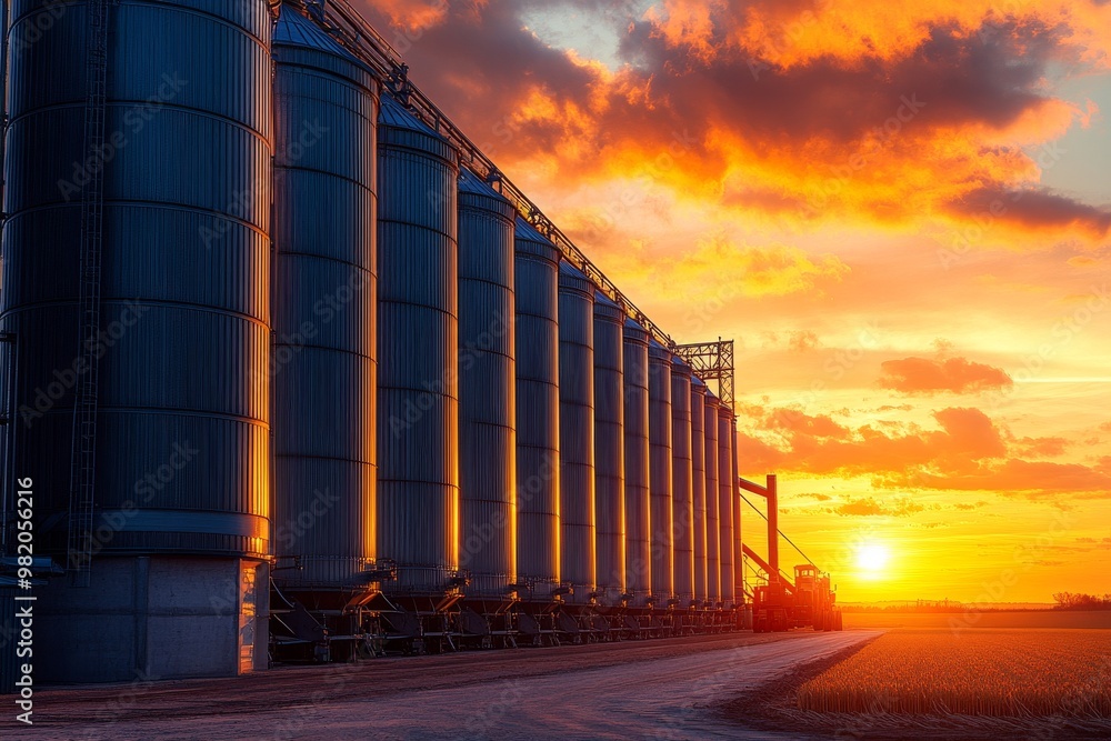 Sunset Over Silos on a Farm Showcasing the Beauty of Agricultural Landscapes in the Evening Light Sunset Over Silos on a Farm Showcasing the Beauty of Agricultural Landscapes in the Evening Light