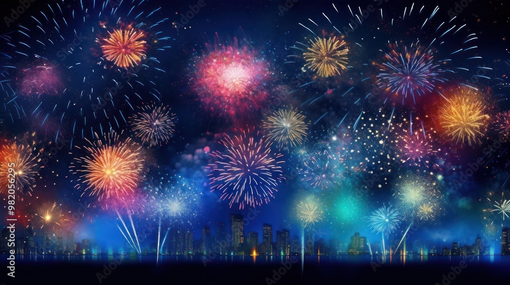 Fototapeta premium Fireworks Display Over Cityscape