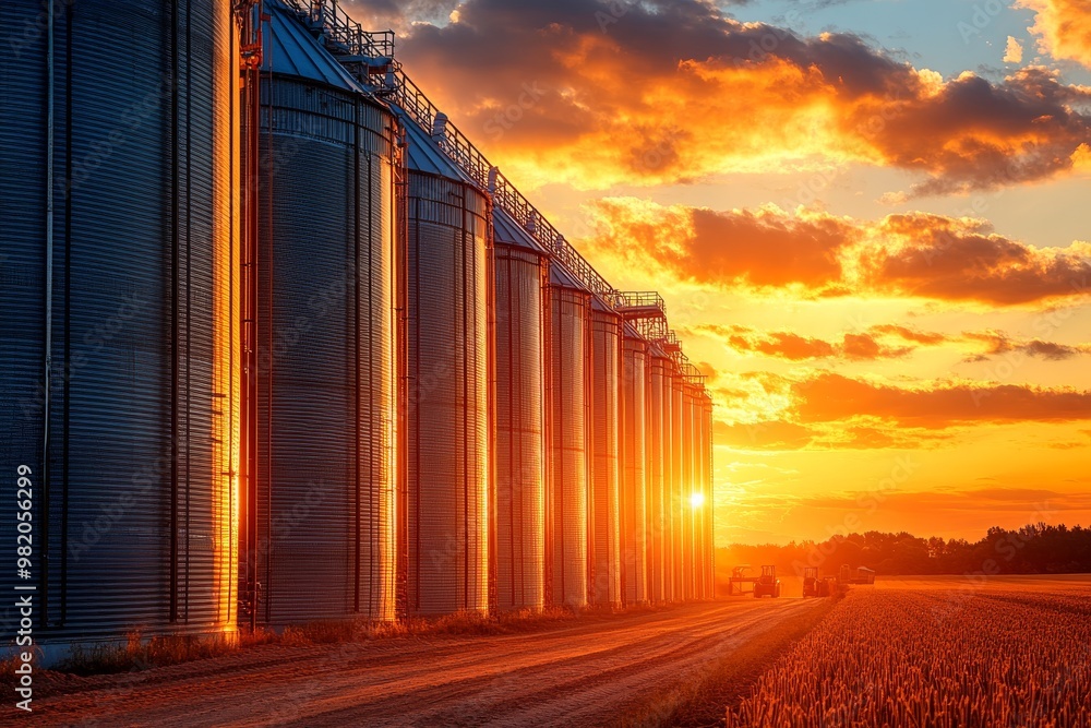 Silos Basking in Golden Sunset Glow Alongside Farm Fields in Rural Landscape During Evening Hours Silos Basking in Golden Sunset Glow Alongside Farm Fields in Rural Landscape During Evening Hours