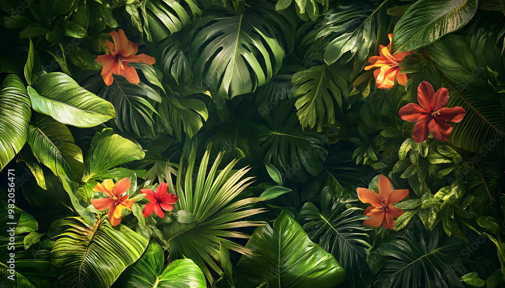 Fototapeta premium A lush jungle scene with vibrant green leaves and exotic flowers, bringing the warmth of the tropics to your screen