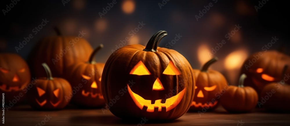 Spooky Halloween Jack-o'-Lanterns Glowing in the Night Spooky Halloween Jack-o'-Lanterns Glowing in the Night
