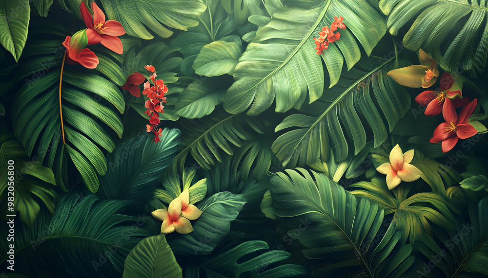 A lush jungle scene with vibrant green leaves and exotic flowers, bringing the warmth of the tropics to your screen A lush jungle scene with vibrant green leaves and exotic flowers, bringing the warmth of the tropics to your screen