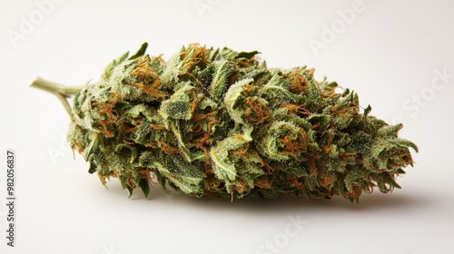 Close-up View of a Cannabis Flower Highlighting Its Trichomes and Rich Green Colors on a Neutral Background