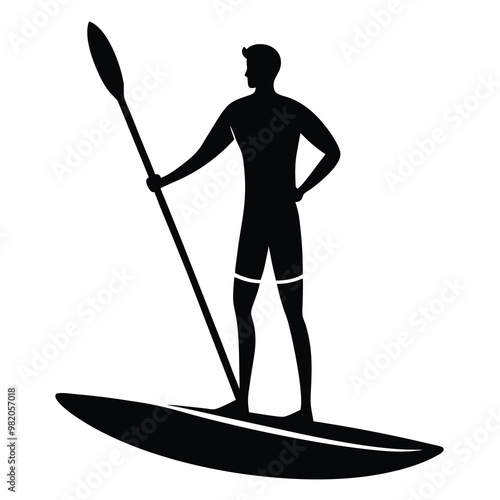 a man is standing on a paddle board with a paddle silhouette vector