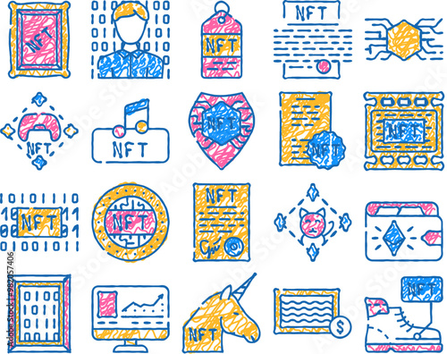 nft digital technology doodle icons set vector. sketch line art nft cryptocurrency coin and blockchain, payment for games and buying goods on auction color illustrations