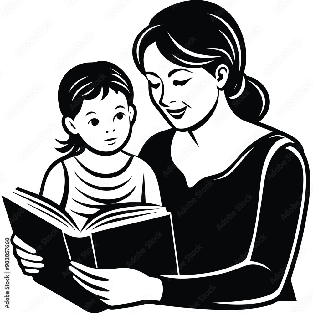 Adoa woman is reading a book with a doll next to her.be Illustrator Artwork Adoa woman is reading a book with a doll next to her.be Illustrator Artwork