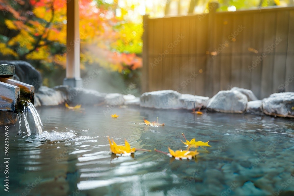 Fototapeta premium 秋の京都の温泉。日本の旅館と紅葉のイメージ素材｜Autumn in Kyoto. Image of a Japanese inn and autumn leaves.