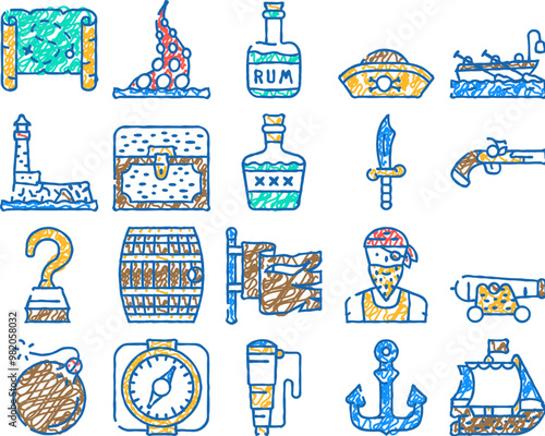 pirate sea robber doodle icons set vector. sketch line art pirate ship floating in ocean and flag, hat and compass, weapon and saber, treasure chest and drink barrel color illustrations