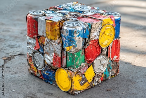 Colorful Cube of Crushed Aluminum Cans Resting on Concrete, Highlighting Recycling Efforts in Urban Environments