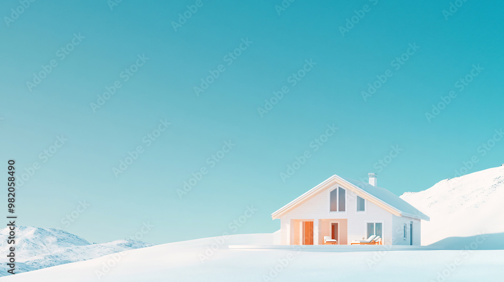 A cozy wooden cabin in a snowy, mountainous landscape under a clear sky. A cozy wooden cabin in a snowy, mountainous landscape under a clear sky.