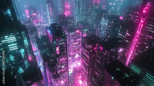 A vibrant, futuristic cityscape illuminated by neon lights in a cyberpunk style.